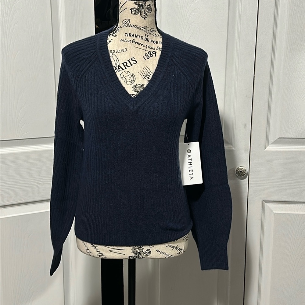 Athleta Layover V-Neck Sweater in "Navy"